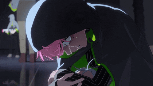 a person with pink hair is hugging another person with a hood on