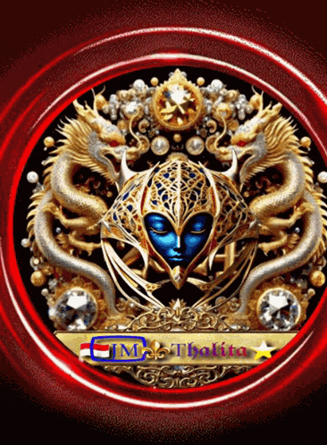 a red circle with a blue face and dragons and the name thabita on it