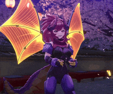 a girl with horns and wings is standing in front of cherry blossoms