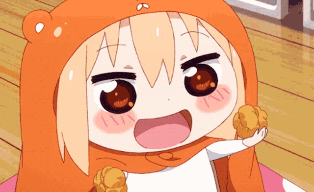 a cartoon girl wearing an orange hat and scarf is holding a cookie