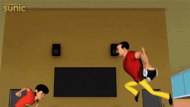 a man in a red shirt is jumping in the air while another man watches
