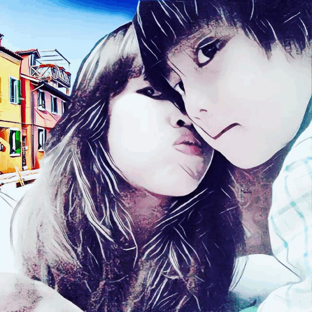 a painting of a boy and a girl kissing