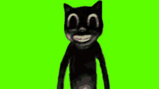 a close up of a cartoon cat with a big mouth on a green screen .