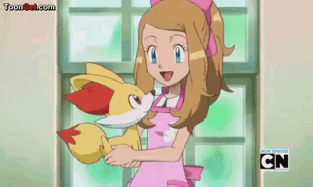 a cartoon character named ash is holding a pikachu on his shoulder ..