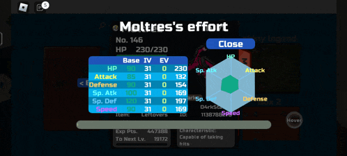 a screenshot of moltres 's effort shows the stats of the pokemon