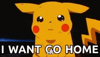 a cartoon pikachu is sitting down and saying `` i want go home '' .