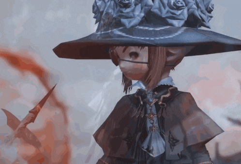 a cartoon character wearing a hat with roses on top