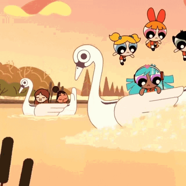 a cartoon of the powerpuff girls floating on swans