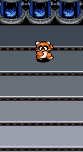 a pixel art drawing of a fox standing on a shelf