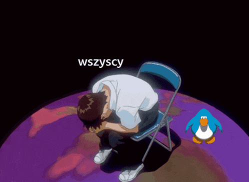 a cartoon of a man sitting in a chair with a penguin next to him with the word wszyscy on the bottom