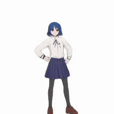 a girl with blue hair is wearing a white shirt and a blue skirt .