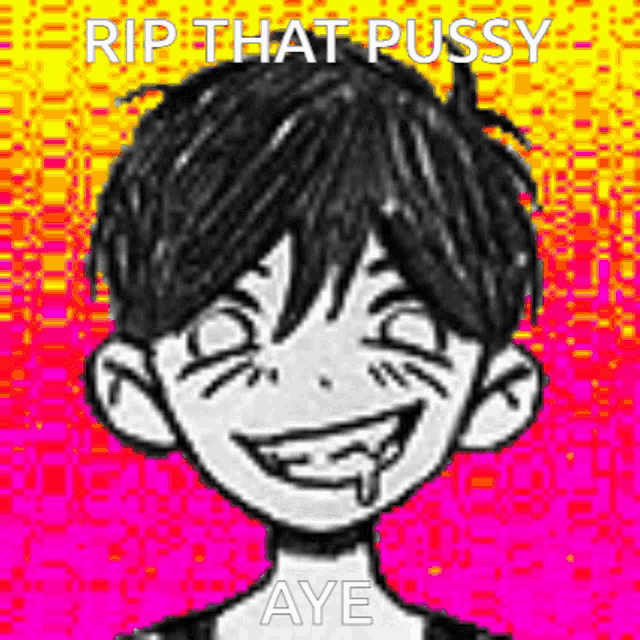 a black and white drawing of a boy with a pink background and the words `` rip that pussy aye '' written on it .