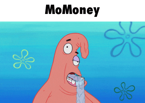 a cartoon of patrick from spongebob squarepants with the word momoney above him