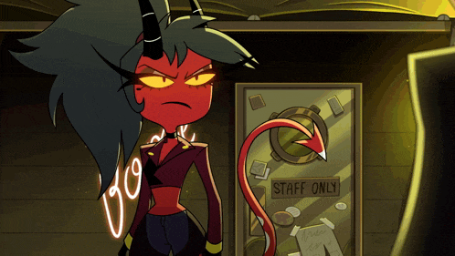 a cartoon character stands in front of a door which says staff only