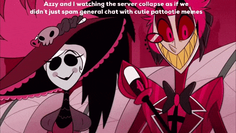 a couple of cartoon characters standing next to each other with a caption that says " azzy and i watching the server collapse