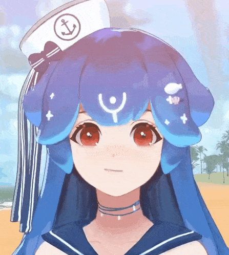 a girl with blue hair and red eyes wearing a sailor hat with an anchor on it