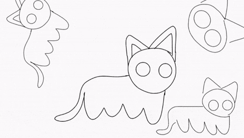 a black and white drawing of a cat with a butterfly behind it