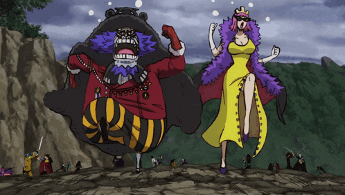 a woman in a yellow dress is standing next to a man in a black and yellow outfit