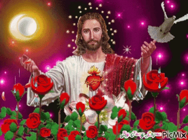 a picture of jesus surrounded by roses and a pigeon