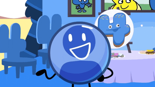 a blue cartoon character with a smiley face is standing in front of a table