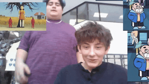 a man with a purple shirt stands next to another man