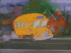 a cartoon drawing of a yellow school bus on the side of a road
