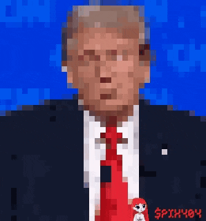 a pixel art of donald trump in a suit and tie with a dog in his pocket