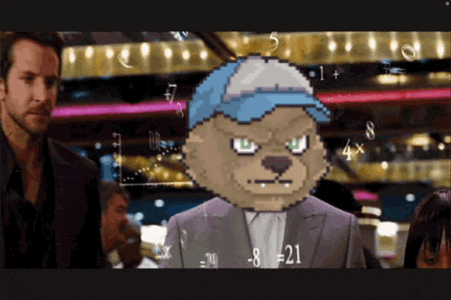 a pixelated image of a man in a suit and hat with the number 8 on his face