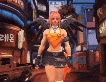 a woman with pink hair is walking down a street in front of a sign that says ' a ' on it