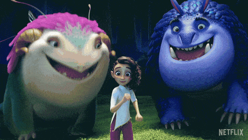 a girl stands between two monsters with a netflix logo in the background