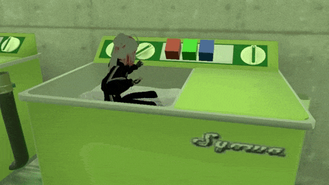 a green syowa washing machine with a person inside