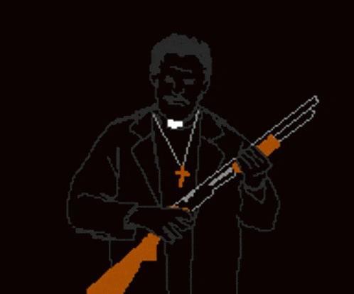 pixel art of a priest holding a shotgun