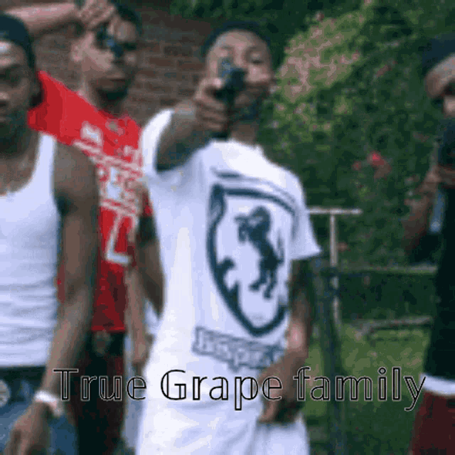 a group of men are standing in front of a brick wall with the caption true grape family