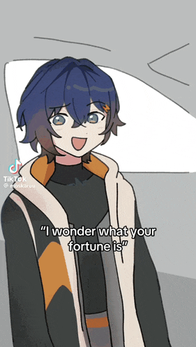 a drawing of a boy with blue hair and a caption that says " i wonder what your fortune is "