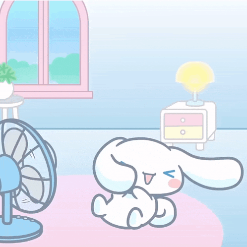 a cartoon of a white bunny sitting next to a fan