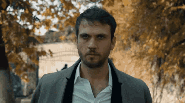 a man with a beard is wearing a grey jacket