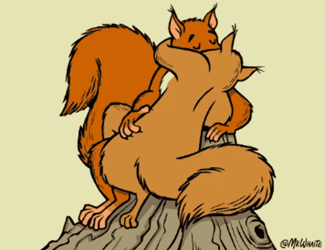 a cartoon of two squirrels sitting on a tree stump by mr.white