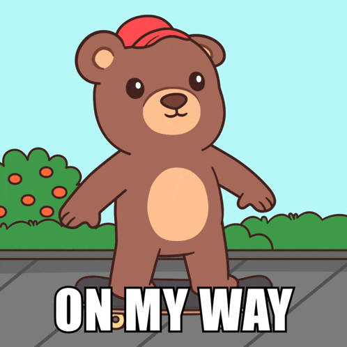 a brown teddy bear wearing a red hat and sunglasses stands on a sidewalk with the words " on my way " above him