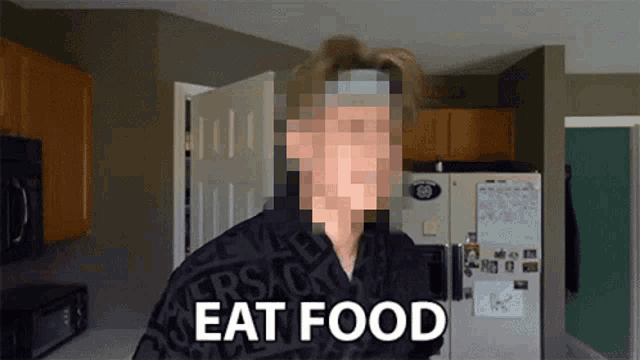 a pixelated image of a person with the words eat food written below them