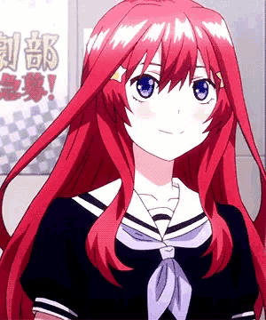 a girl with red hair and blue eyes stands in front of a sign with chinese characters
