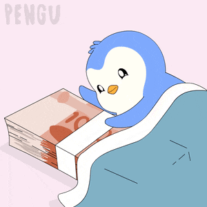a penguin is laying in bed with a stack of money and hearts coming out of its head