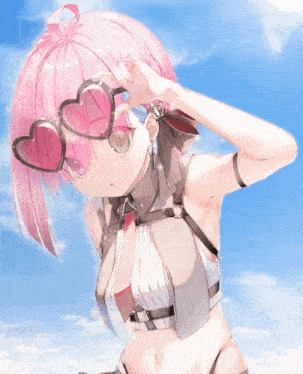 a girl with pink hair is wearing heart shaped glasses