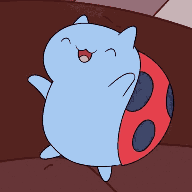 a cartoon cat with a ladybug on its back is smiling