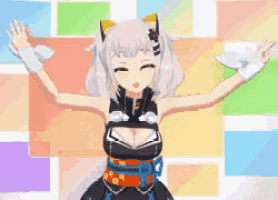 a cartoon girl with a cat ear is standing with her arms outstretched .