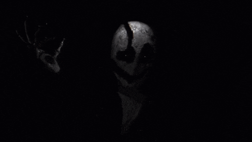 a black and white photo of a skeleton in a suit making a peace sign in the dark .
