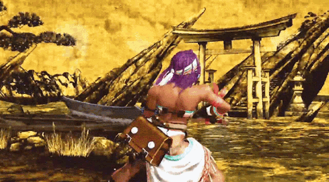 a video game character with purple hair and a brown bag