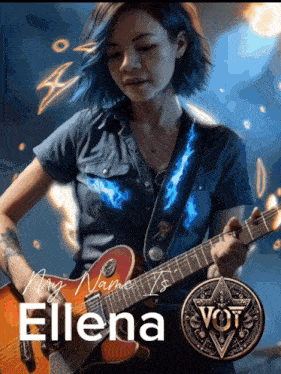 a woman with blue hair is playing a guitar with the name ellena on the bottom