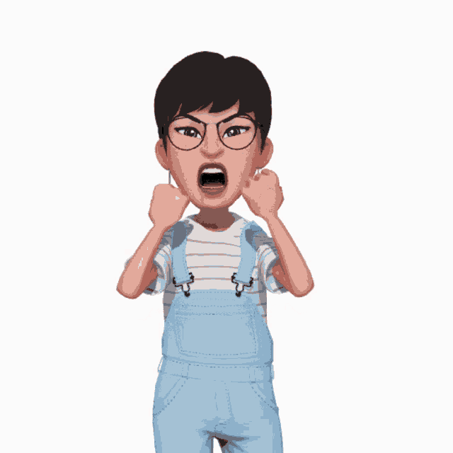 a cartoon girl wearing overalls and a striped shirt is making a funny face