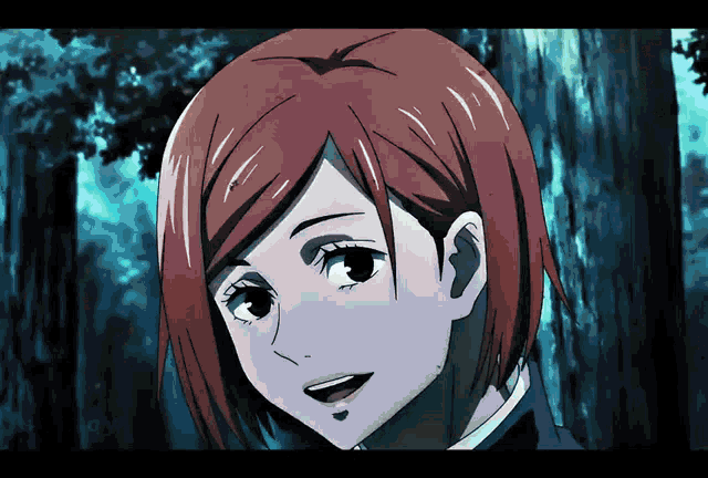 a close up of a girl 's face in a dark forest