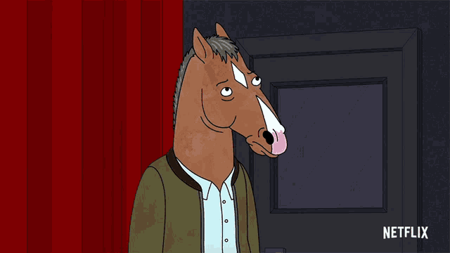 a cartoon horse is standing in front of a door and says get on board netflix